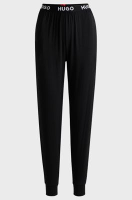 Cuffed pyjama bottoms in stretch jersey with logo waistband, Black