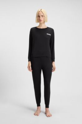 Cuffed pyjama bottoms in stretch jersey with logo waistband, Black