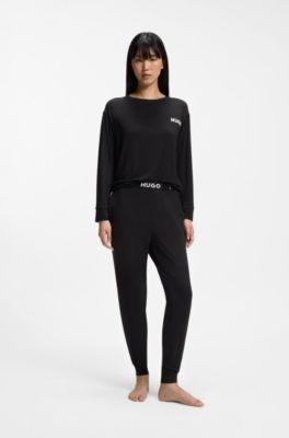 Cuffed pyjama bottoms in stretch jersey with logo waistband, Black