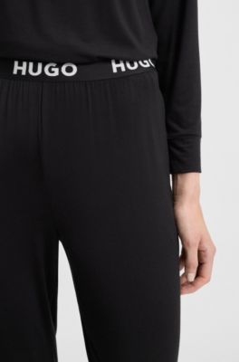 Cuffed pyjama bottoms in stretch jersey with logo waistband, Black