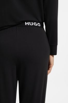 Cuffed pyjama bottoms in stretch jersey with logo waistband, Black