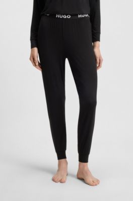 Cuffed pyjama bottoms in stretch jersey with logo waistband, Black