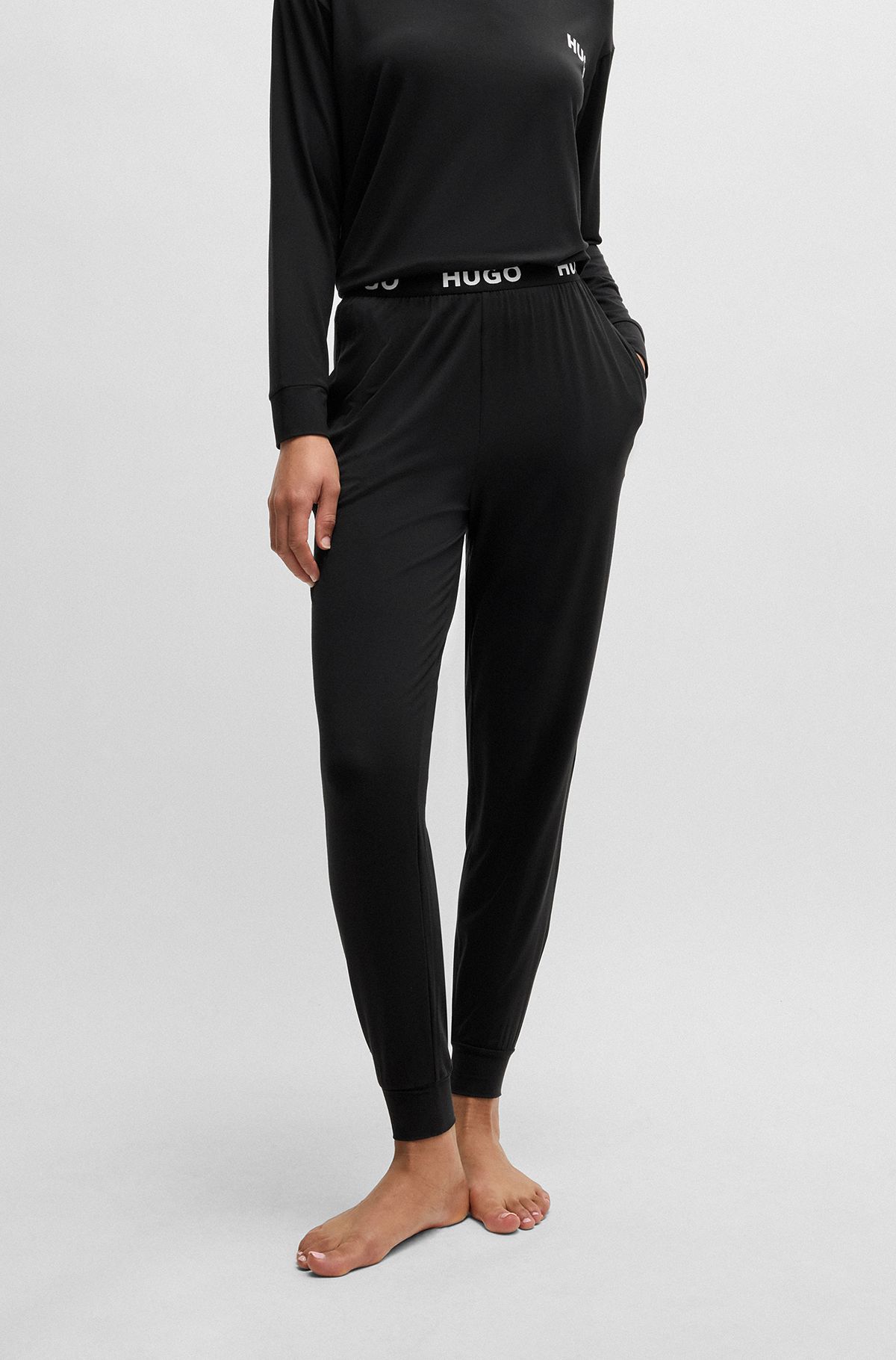 Stretch-jersey pyjama bottoms with logo waistband, Black