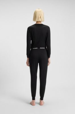 Cuffed pyjama bottoms in stretch jersey with logo waistband, Black