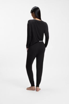 Cuffed pyjama bottoms in stretch jersey with logo waistband, Black