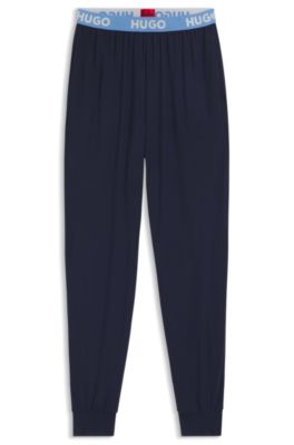 Cuffed pyjama bottoms in stretch jersey with logo waistband, Dark Blue