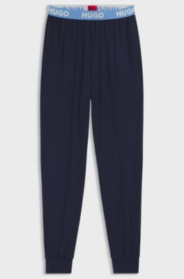 Cuffed pyjama bottoms in stretch jersey with logo waistband, Dark Blue