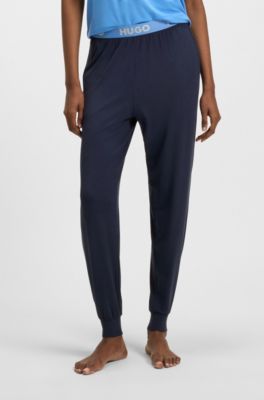 Cuffed pyjama bottoms in stretch jersey with logo waistband, Dark Blue