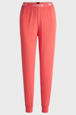 Cuffed pyjama bottoms in stretch jersey with logo waistband, Coral