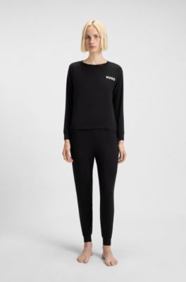 Relaxed-fit stretch-jersey pyjama top with logo print, Black