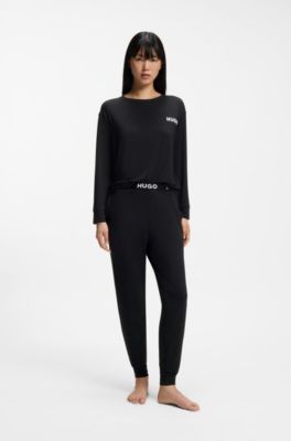 Relaxed-fit stretch-jersey pyjama top with logo print, Black