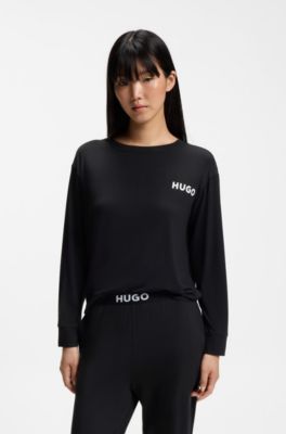 Relaxed-fit stretch-jersey pyjama top with logo print, Black