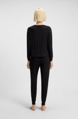 Relaxed-fit stretch-jersey pyjama top with logo print, Black