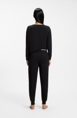 Relaxed-fit stretch-jersey pyjama top with logo print, Black
