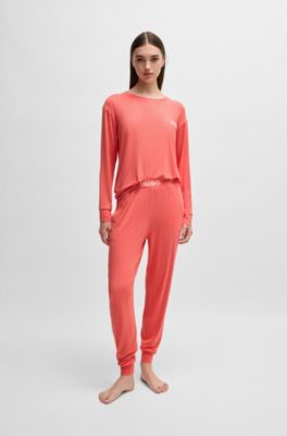 Relaxed-fit stretch-jersey pyjama top with logo print, Coral