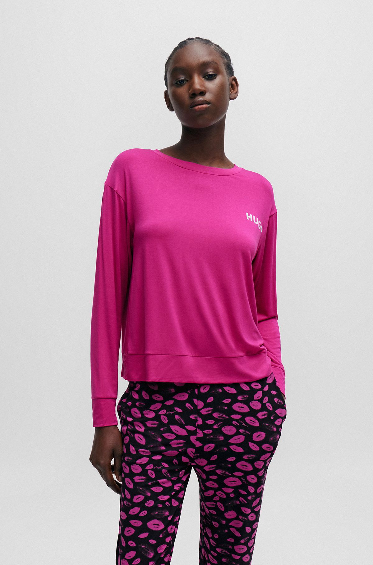 Relaxed-fit pyjama top with contrast logo, Dark pink