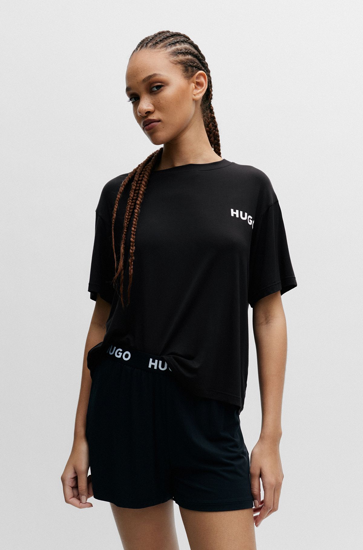 Relaxed-fit pyjama T-shirt with printed logo, Black