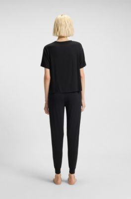 Relaxed-fit stretch-jersey pyjama T-shirt with contrast logo, Black