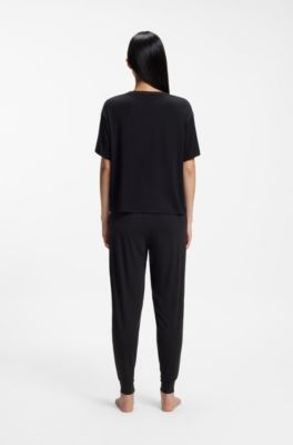 Relaxed-fit stretch-jersey pyjama T-shirt with contrast logo, Black