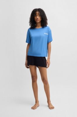 Relaxed-fit stretch-jersey pyjama T-shirt with contrast logo, Light Blue