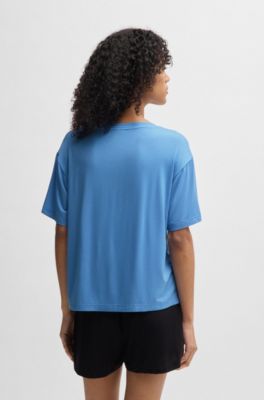 Relaxed-fit stretch-jersey pyjama T-shirt with contrast logo, Light Blue