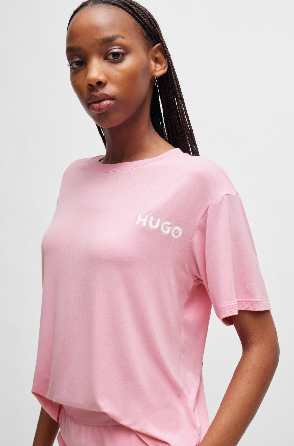 Relaxed-fit pyjama T-shirt with printed logo, light pink