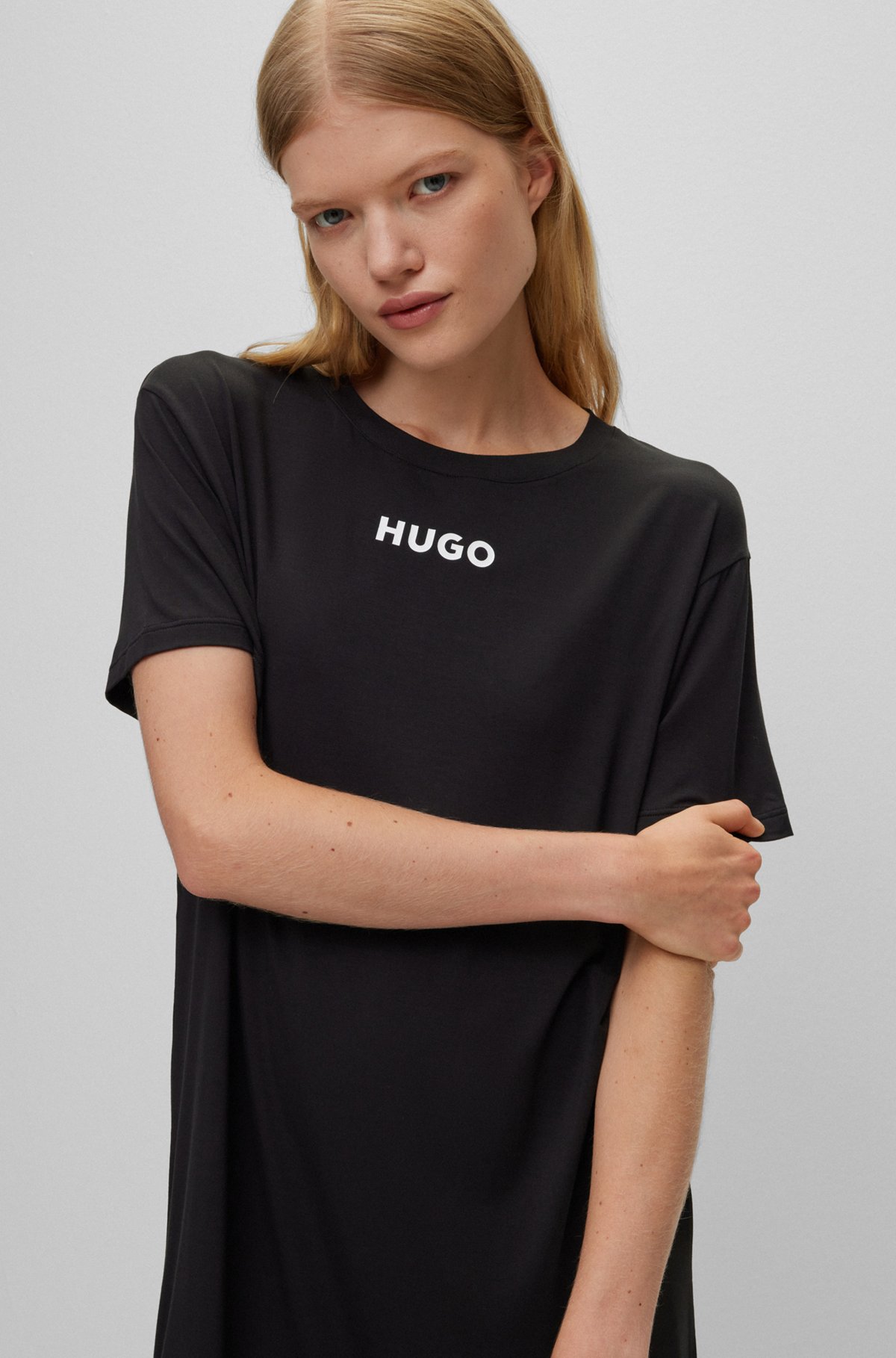 HUGO - Relaxed-Fit Nachthemd aus Stretch-Jersey mit Logo-Print