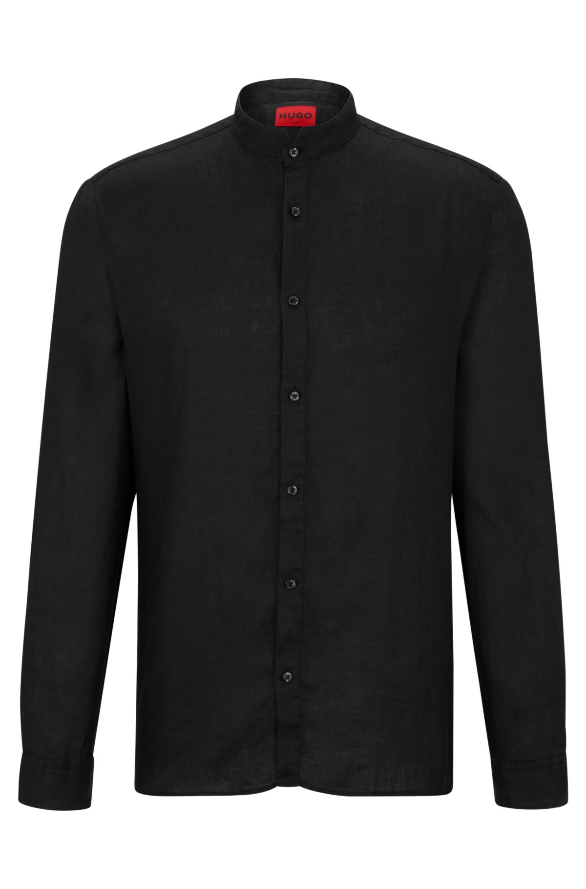 Collarless slim-fit shirt in linen with stand collar, Black