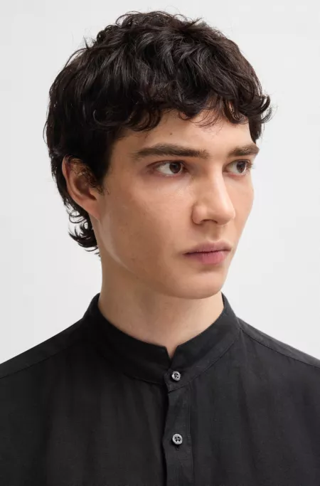 Slim-fit linen shirt with stand collar