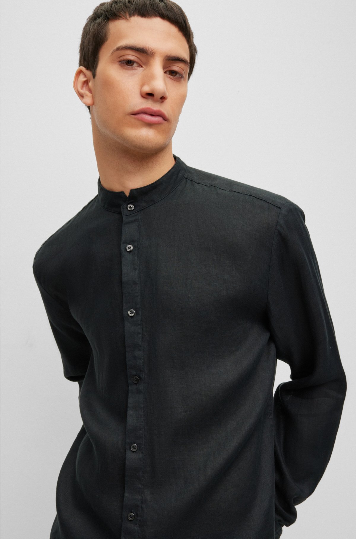 HUGO - Collarless slim-fit shirt in linen with stand collar