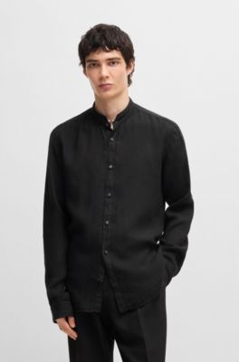 Slim-fit shirt in linen canvas, Black