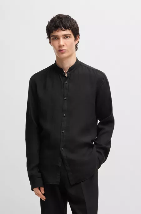 Slim-fit linen shirt with stand collar