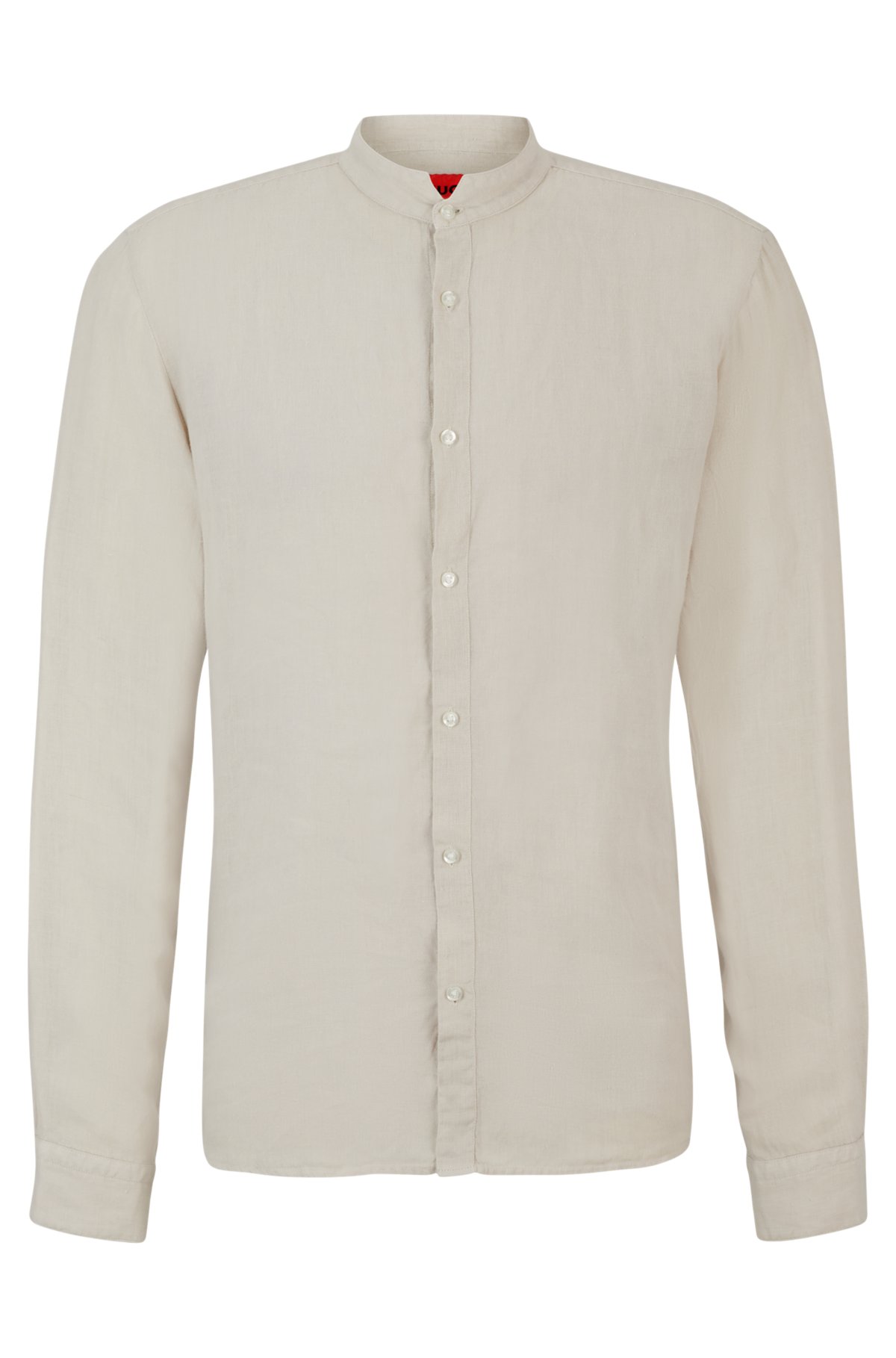 Collarless slim-fit shirt in linen with stand collar, Light Grey