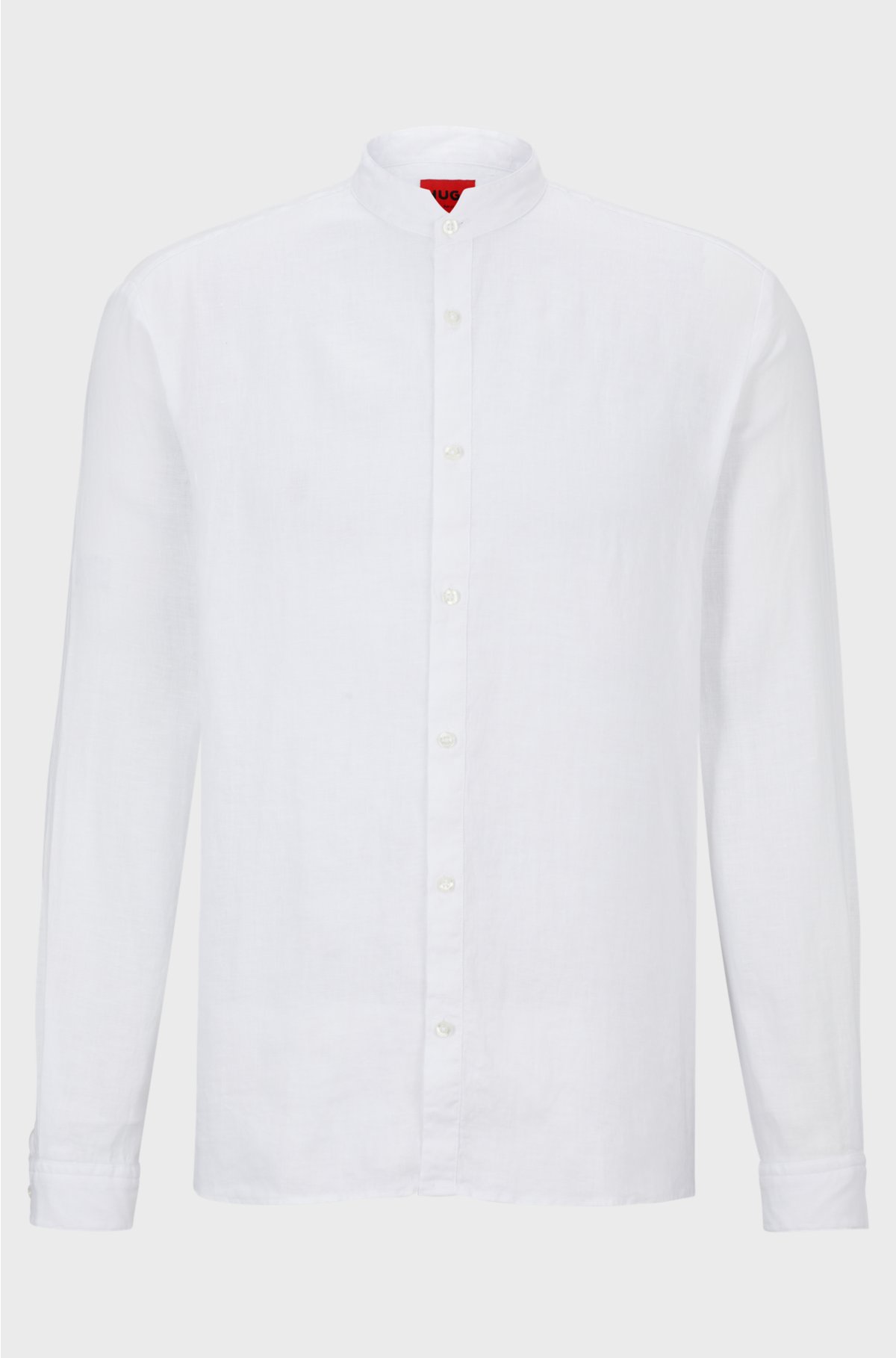 Collarless slim-fit shirt in linen with stand collar, White
