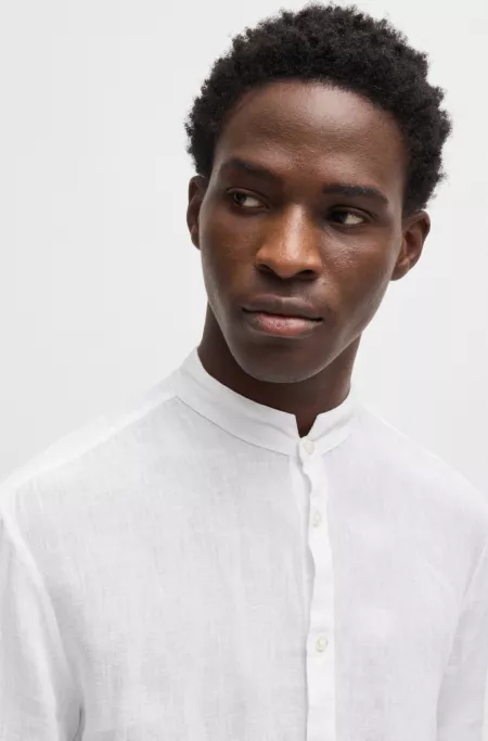 Slim-fit linen shirt with stand collar
