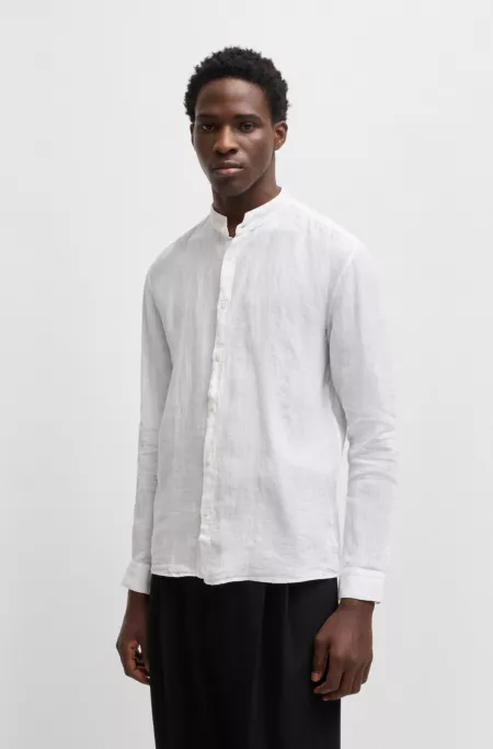 Slim-fit linen shirt with stand collar