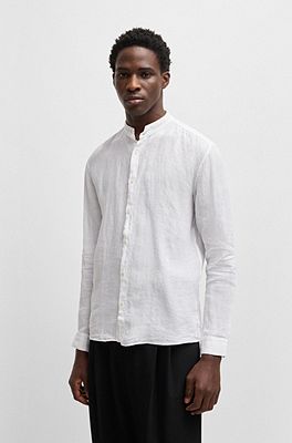 HUGO - Collarless slim-fit shirt in linen with stand collar