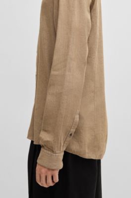 Slim-fit shirt in linen canvas, Brown