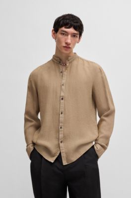 Slim-fit shirt in linen canvas, Brown
