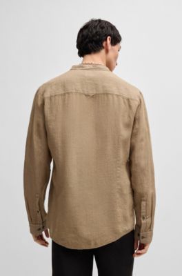 Slim-fit shirt in linen canvas, Brown