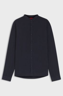 Slim-fit shirt in linen canvas, Dark Blue