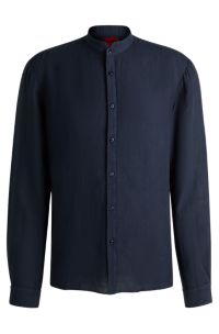 Slim-fit linen shirt with stand collar, Dark Blue