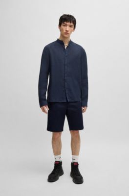Slim-fit shirt in linen canvas, Dark Blue