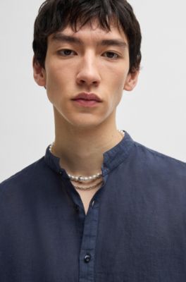 Slim-fit shirt in linen canvas, Dark Blue