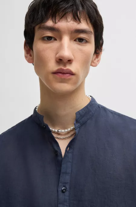 Slim-fit linen shirt with stand collar