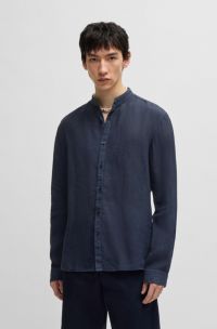 Slim-fit linen shirt with stand collar, Dark Blue