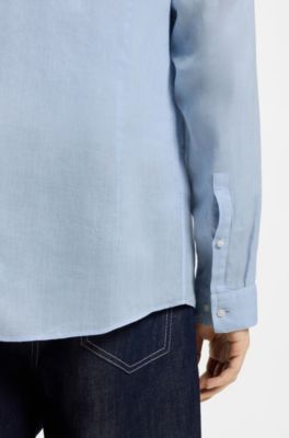 Slim-fit shirt in linen canvas, Light Blue