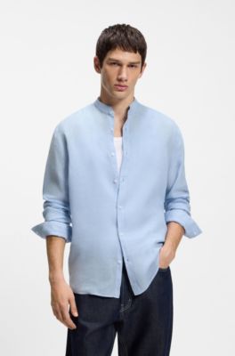 Slim-fit shirt in linen canvas, Light Blue