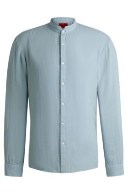 Slim-fit shirt in linen canvas, Light Blue