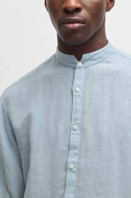 Slim-fit linen shirt with stand collar
